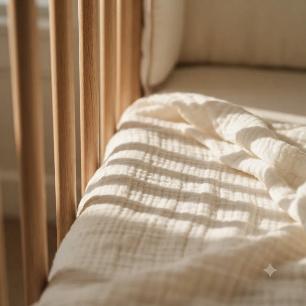 Close-up of the vertical wooden slats along one side of a crib, with daylight falling across them and a cream textured muslin blanket bunched on the mattress beside them.