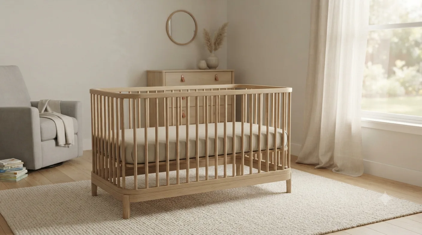 A pale oak crib with rounded corners and vertical slats standing on a cream textured rug in a daylit nursery. A matching oak dresser with a round mirror and a vase of pampas grass sits behind it, sheer linen curtains hang at the window, and a grey upholstered glider with a folded cream throw and a stack of board books sits to the left.