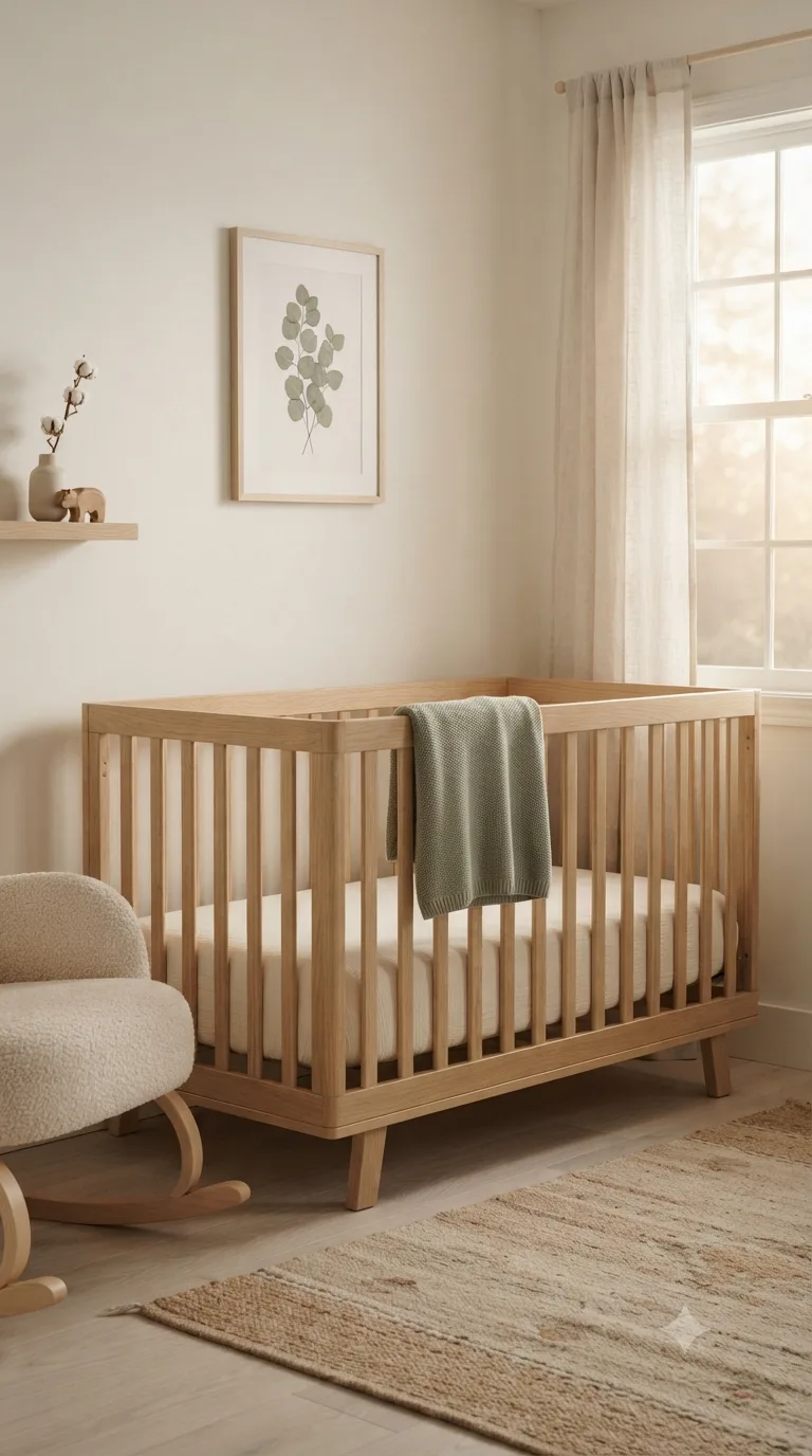 Morning light on a pale oak crib with a sage green knit blanket folded over its rail, a cream fitted sheet on the mattress, a boucle rocking chair in the foreground, a framed eucalyptus print and a small wood shelf with cotton stems on the wall, and a jute rug on the floor.